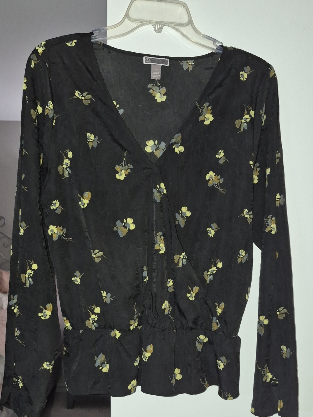 Chelsea28 Studio Black Floral V-Neck Top with Yellow & Gray Flowers